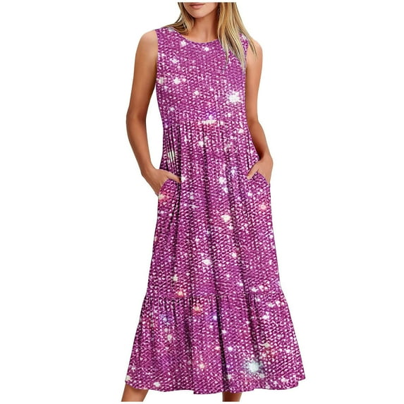 Midsumdr Sequin Dress for Women 2025 Fashion A-Line Versatile Flowy Summer Dress Loose Plus Size Round Neck Sleeveless Dress with Pockets