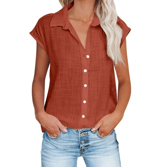 Midsumdr Shirts for Women 2025 Fashion Solid Collor Cotton and Linen Buttons Tops V-Neck Short Sleeve Turndown Collar Loose Blouse Tops with Pockets