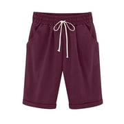 Midsumdr Shorts for Women Summer Solid Color Five Points Plus Size Shorts Casual Fashion Drawsting Elastic Waist Lightweight Shorts with Pockets
