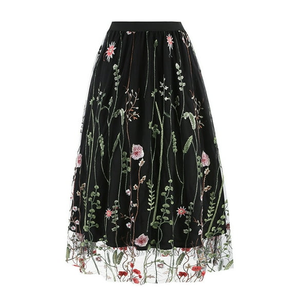 Midsumdr Skirts for Women 2025 Midi Length Casual Trendy Summer Tulle A-Line Long Skirts Floral Printed High Waist Embroidered Skirt