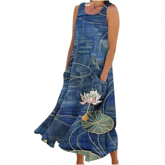 Midsumdr Summer Dresses for Women 2025 Boho Sleeveless Round Neck Floral Printed Loose Plus Size Sundresses Fashion Flowy Summer Maxi Dresses with Pockets