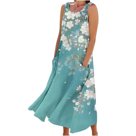Midsumdr Summer Dresses for Women 2025 Fashion Boho Floral Printed Sleeveless Round Neck Maxi Dresses Casual Flowy Loose Plus Size Dresses with Pockets