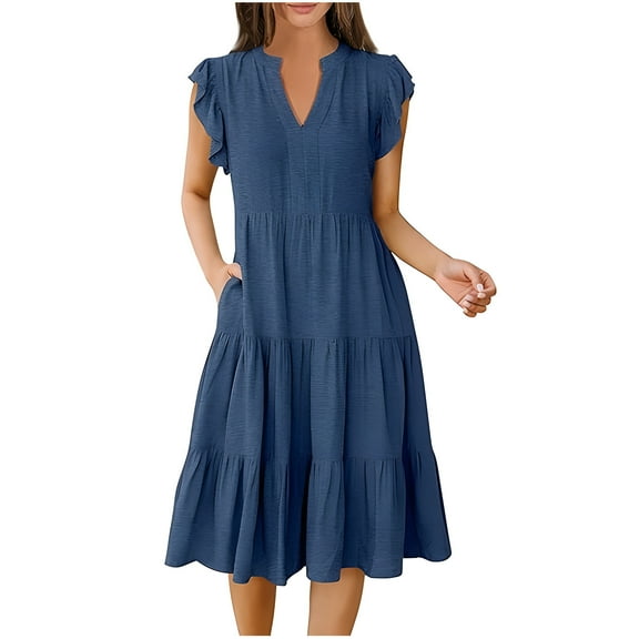Midsumdr Summer Dresses for Women 2025 Casual Loose Fit Swing Pleated Elastic Waist Sundresses Fashion Solid Color Sleeveless V-Neck Temperament Dresses with Pockets