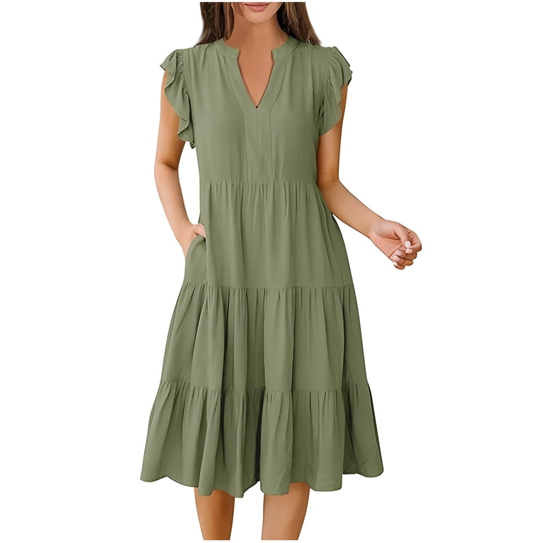 Midsumdr Summer Dresses for Women 2025 Casual Loose Fit Swing Pleated Elastic Waist Sundresses Fashion Solid Color Sleeveless V-Neck Temperament