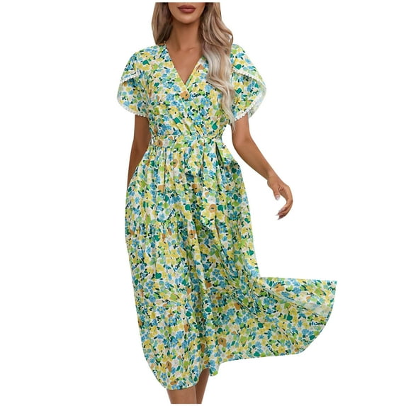Midsumdr Summer Dresses for Women 2025 Fashion Casual Floral Printed Short Sleeve V-Neck Midi Dresses Elastic Waist Swing Loose Fit Plus Size Dresses with Belt