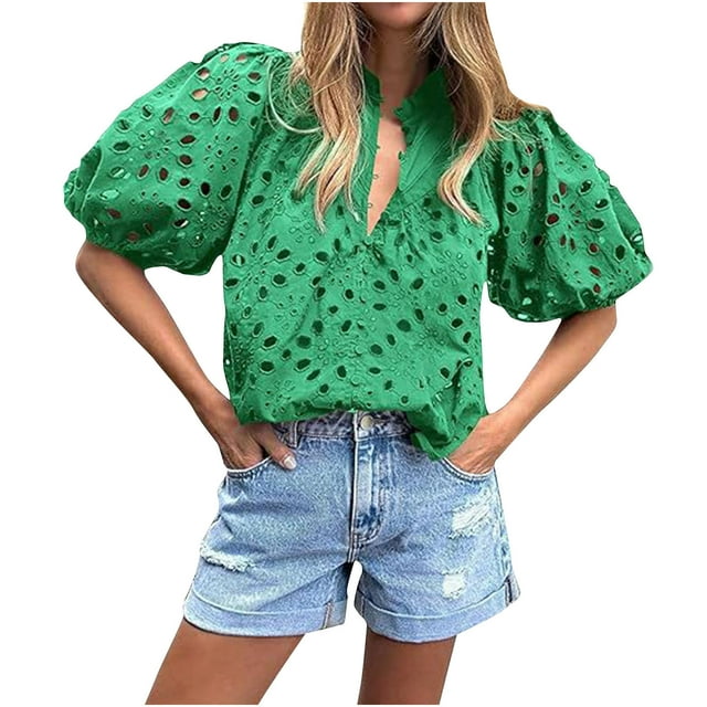 Midsumdr Summer Tops for Women 2025 Fashion V Neck Puff Sleeve Mesh Pullover T-shirt Blouses Solid Color Loose Fit Trendy Versatile Tops