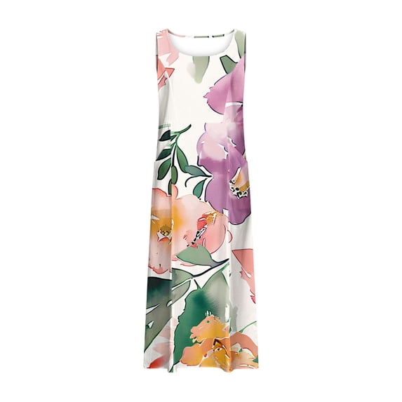 Midsumdr Sundresses for Women 2025 Sleeveless Round Neck Printed Loose Plus Size Dresses Fashion Floral Printed Flowy Summer Maxi Dresses with Pockets