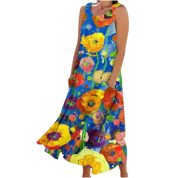 Midsumdr Sundresses for Women 2025 Summer Casual Flowy Loose Plus Size Dresses with Pockets Fashion Boho Floral Printed Sleeveless Round Neck Maxi Dresses