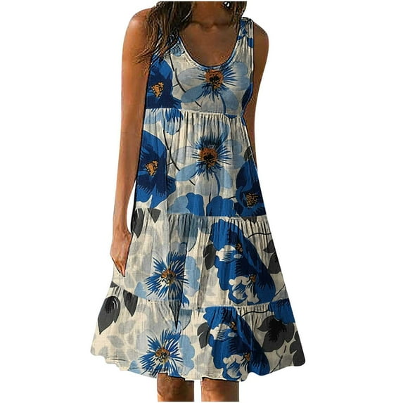 Midsumdr Sundresses for Women 2025 Summer Fashion Boho Floral Printed Loose Plus Size Dresses Holiday Round Neck Sleeveless Elastic Waist Swing Beach Dresses