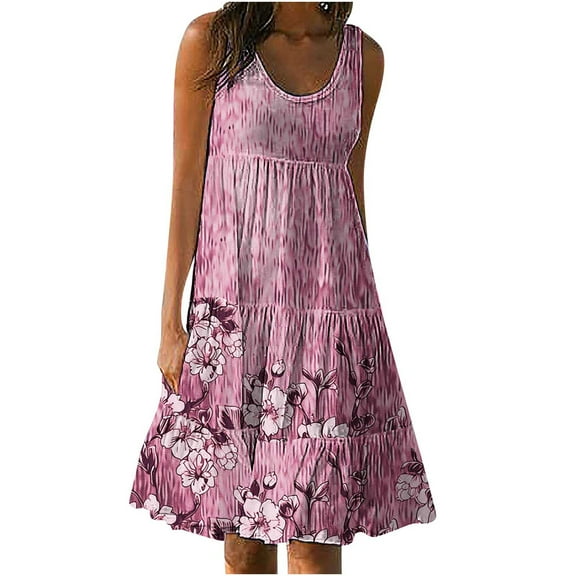 Midsumdr Sundresses for Women 2025 Summer Fashion Boho Floral Printed Loose Plus Size Dresses Holiday Round Neck Sleeveless Elastic Waist Swing Beach Dresses