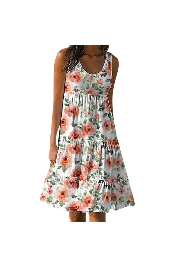 Sundresses for Women 2025 Summer Fashion Boho Floral Printed Loose Plus Size Dresses Holiday Round Neck Sleeveless Elastic Waist Swing Beach Dresses
