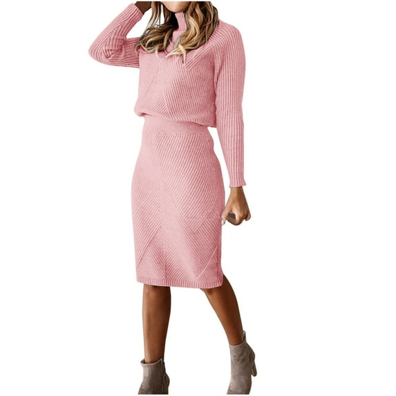 Midsumdr Sweater Dresses for Women 2025 Trendy Fall and Winter Turtleneck Knitted Solid Color Sweaters and Skirts Two Piece Set Thick Pullover Sweater Dress Set