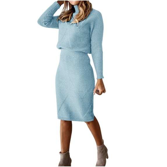 Midsumdr Sweater Dresses for Women 2025 Trendy Fall and Winter Turtleneck Knitted Solid Color Sweaters and Skirts Two Piece Set Thick Pullover Sweater Dress Set