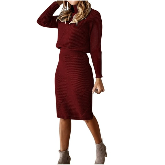Midsumdr Sweater Dresses for Women 2025 Trendy Fall and Winter Turtleneck Knitted Solid Color Sweaters and Skirts Two Piece Set Thick Pullover Sweater Dress Set