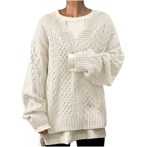Midsumdr Sweaters for Women Trendy Long Sleeve Solid Color V Neck Sweaters Casual Plus Size Loose Drop Shoulder Knitted Sweaters