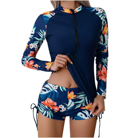 Midsumdr Tankini Swimsuits for Women Fashion Long Sleeve Split Swimsuit with Boyshorts Conservative UV UPF 50+ Sun Protection Floral Printed Two Piece Set Bathing Suit