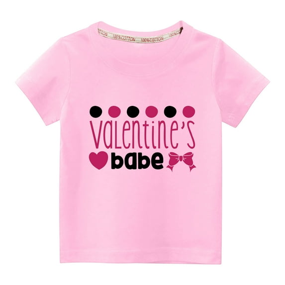 Midsumdr Toddler Kids Boys Girls Tops 2025 Valentine's Day Fashion Cute Solid Color Round Neck Tops Love Heart Printed Short Sleeve Tops