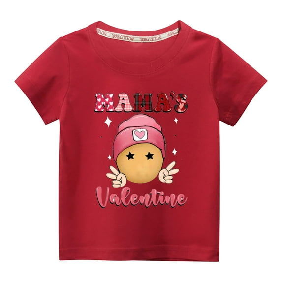 Midsumdr Toddler Kids Boys Girls Tops Fashion Cute Solid Color Round Neck Valentine's Day Tops Love Heart Printed Short Sleeve Tops