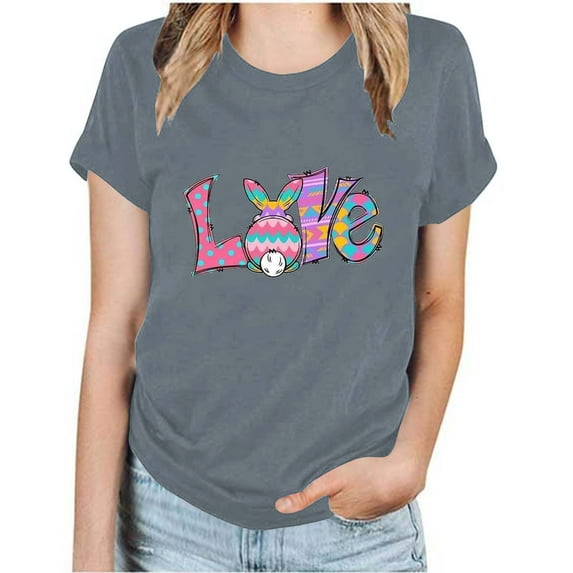 Midsumdr Tops for Women Trendy Fashion Crew Neck Short Sleeve Solid Color T-shirt Easter Love Letter Printed Casual Loose Fit Blouse Tops
