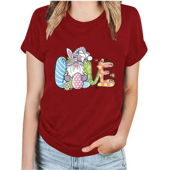 Midsumdr Tops for Women Trendy Fashion Crew Neck Short Sleeve Solid Color T-shirt Easter Love Letter Printed Casual Loose Fit Blouse Tops