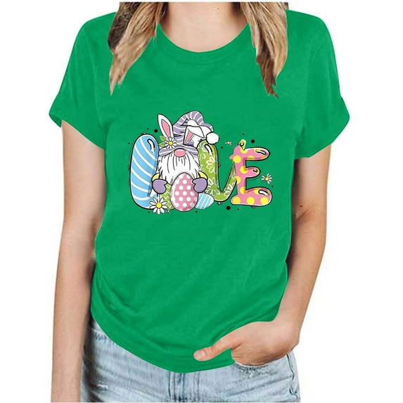 Midsumdr Tops for Women Trendy Fashion Crew Neck Short Sleeve Solid Color T-shirt Easter Love Letter Printed Casual Loose Fit Blouse Tops