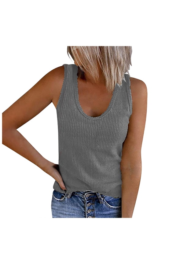 Women's Causal U Neck Tank Tops Summer Rib Knit Sleeveless Shirts Solid Color Basic Loose Tops Summer Tops for Women(S-5XL)