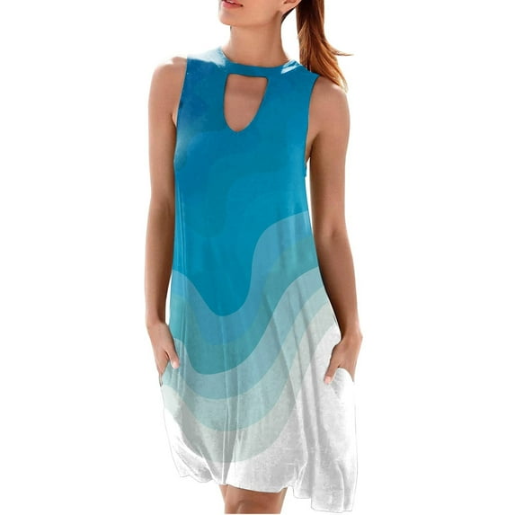 Midsumdr Womens 4th of July Dress Stylish Neckline Sleeveless Summer Beach Dresses Casual Printed Midi Skirts with two Pockets