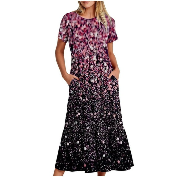 Midsumdr Womens Dresses New Fashionable Short Sleeve Pockets Round Neck Maxi Dress Sequin Printing Summer Loose Fit Temperament Summer Dress
