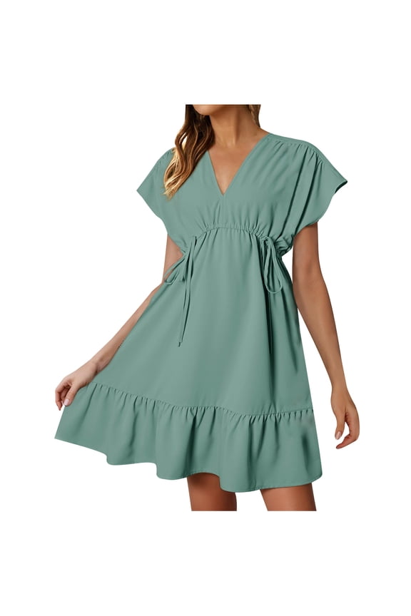 Womens Dresses Short Sleeve V Neck Dstring Casual Ruffle A-Line Mini Dress Summer Fashion Loose Solid Color Flowy Midi Dress