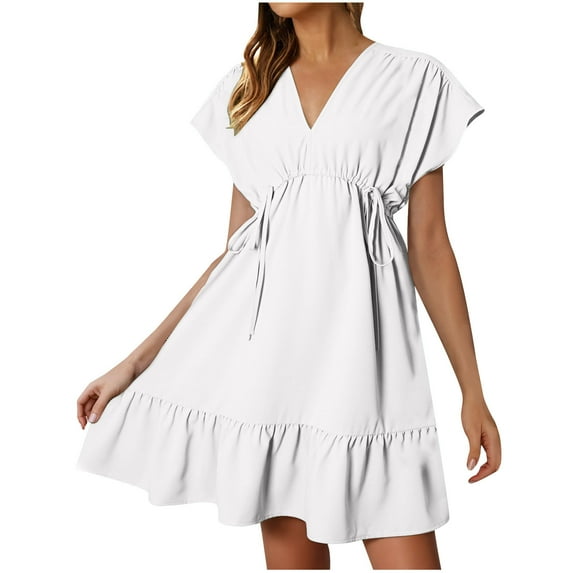 Midsumdr Womens Dresses Short Sleeve V Neck Dstring Casual Ruffle A-Line Mini Dress Summer Fashion Loose Solid Color Flowy Midi Dress