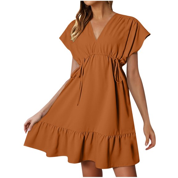 Midsumdr Womens Dresses Short Sleeve V Neck Dstring Casual Ruffle A-Line Mini Dress Summer Fashion Loose Solid Color Flowy Midi Dress