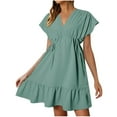 thumbnail image 1 of Midsumdr Womens Dresses Short Sleeve V Neck Dstring Casual Ruffle A-Line Mini Dress Summer Fashion Loose Solid Color Flowy Midi Dress, 1 of 7