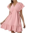 thumbnail image 1 of Midsumdr Womens Dresses Short Sleeve V Neck Dstring Casual Ruffle A-Line Mini Dress Summer Fashion Loose Solid Color Flowy Midi Dress, 1 of 6