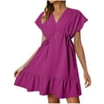 thumbnail image 1 of Midsumdr Womens Dresses Short Sleeve V Neck Dstring Casual Ruffle A-Line Mini Dress Summer Fashion Loose Solid Color Flowy Midi Dress, 1 of 7