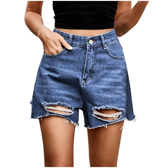 Midsumdr Womens Jean Shorts 2025 Summer Fashion Solid Color Ripped Jean Shorts Mid Waist Stretchy Pockets Slim Fit Jean Shorts