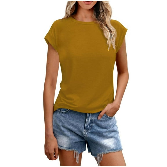 Midsumdr Womens Summer Tops Trendy Casual Basic Solid Color Short-Sleeved Crew-Neck Tops Soft Comfortable Going Out Pullover Blouses Shirts 2025