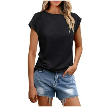 Midsumdr Womens Summer Tops Trendy Casual Basic Solid Color Short-Sleeved Crew-Neck Tops Soft Comfortable Going Out Pullover Blouses Shirts 2025