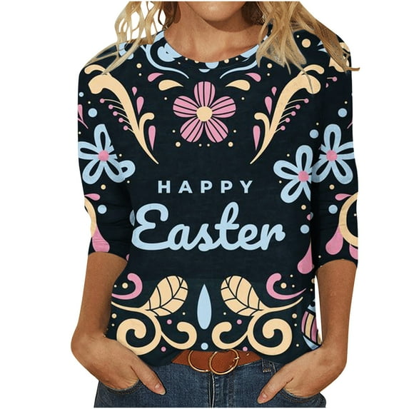 Midsumdr Womens Tops 2025 Fashion Easter Cute Bunny Printed Three Quarter Sleeve Retro Round Neck Tops Slim Fit Casual Soft Blouse Tops