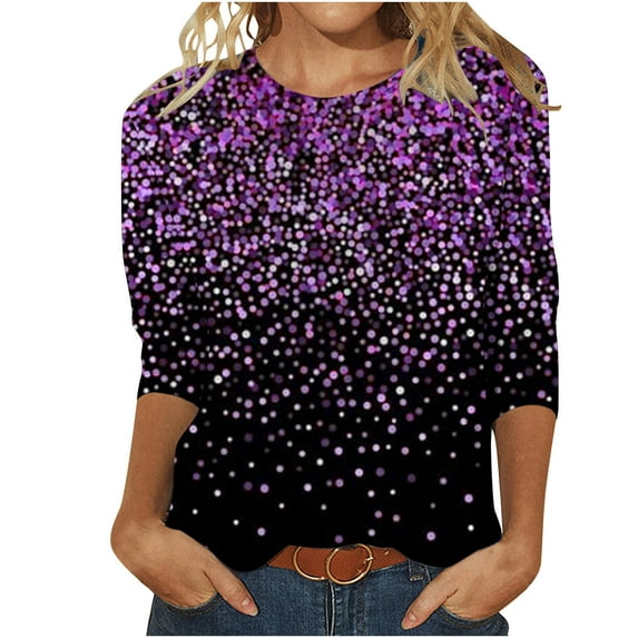 Midsumdr Womens Tops 2025 New Fashion 3/4 Sleeves Round Neck Casual Tunic Tops Pullover Gradient Printed Sequin Tops