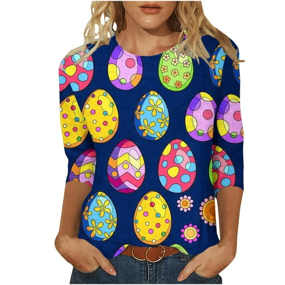 Midsumdr Womens Tops Casual Easter Colored Eggs Printed Outdoor Daily T Shirt Vacation 3/4 Sleeve Crew Neck Spring Summer Blouse Tops
