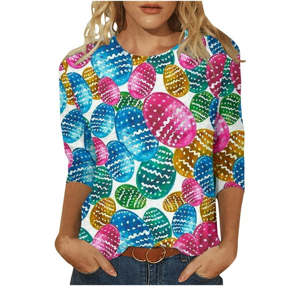 Midsumdr Womens Tops Casual Easter Colored Eggs Printed Outdoor Daily T Shirt Vacation 3/4 Sleeve Crew Neck Spring Summer Blouse Tops