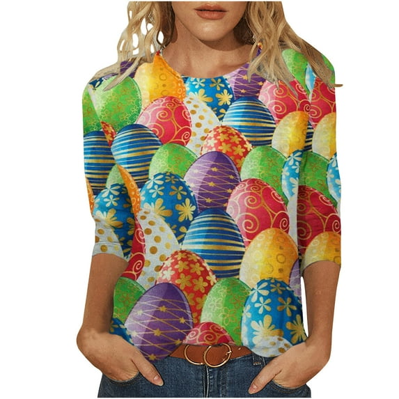 Midsumdr Womens Tops Casual Easter Colored Eggs Printed Outdoor Daily T Shirt Vacation 3/4 Sleeve Crew Neck Spring Summer Blouse Tops