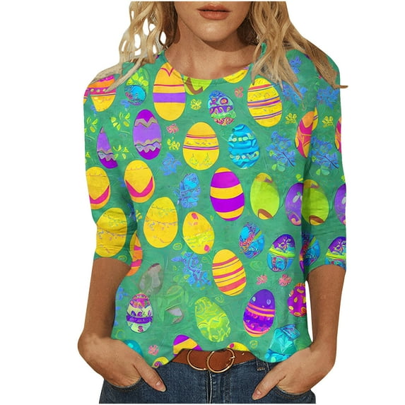 Midsumdr Womens Tops Casual Easter Colored Eggs Printed Outdoor Daily T Shirt Vacation 3/4 Sleeve Crew Neck Spring Summer Blouse Tops