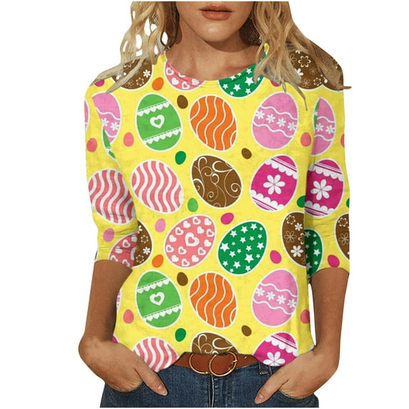 Midsumdr Womens Tops Casual Easter Colored Eggs Printed Outdoor Daily T Shirt Vacation 3/4 Sleeve Crew Neck Spring Summer Blouse Tops