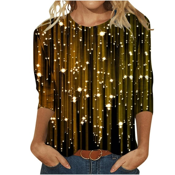Midsumdr Womens Tops Loose Mid-Length 3/4 Sleeve Bright Printed Blouse Tops Round Neck Spring Summer Temperament Sequin Tops