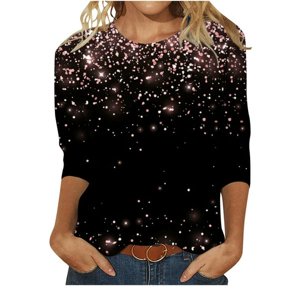 Midsumdr Womens Tops Loose Mid-Length 3/4 Sleeve Bright Printed Blouse Tops Round Neck Spring Summer Temperament Sequin Tops