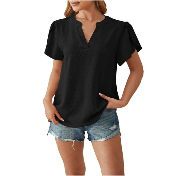 Midsumdr Womens Tops Loose Plus Size Spring Summer Solid Color T-shirt V-neck Short Sleeve Temperament Pullover Blouse Tops