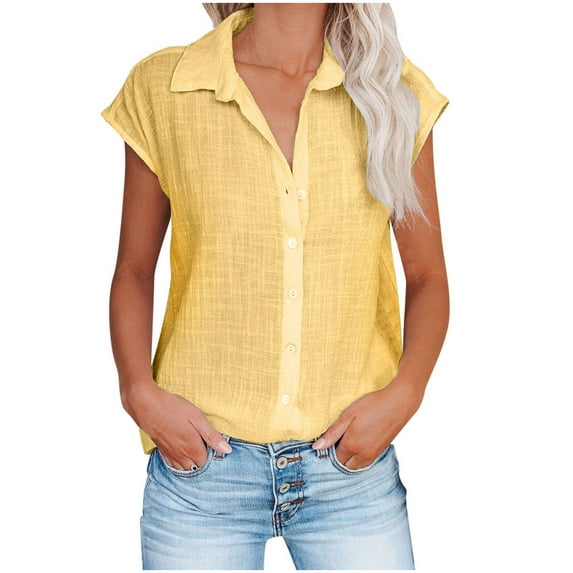 Midsumdr Womens Tops Summer Casual Cotton Linen Solid Color Shirts Short Sleeve Loose Fit T Shirt with Buttons