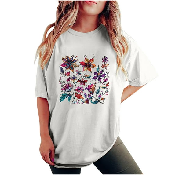 Midsumdr Womens Tops Summer Fashion Round Neck Short Sleeve Leisure Loose Plus Size Tops Casual Floral Printed Versatile Tops, Graphic Tees