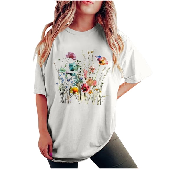 Midsumdr Womens Tops Summer Fashion Round Neck Short Sleeve Leisure Loose Plus Size Tops Casual Floral Printed Versatile Tops, Graphic Tees